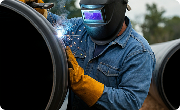 an image of HDPE pipe man in the field in action wielding huge pipes.__OSHA-certified fusion welder with strong fabrication skills, blueprint reading ability, and proven reliability across industrial job sites.