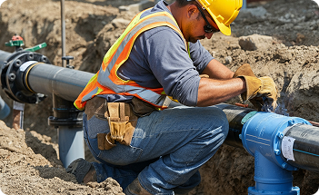 an image of Pipe Layer man in the field in action fixing pipes.__Safety-trained pipe layer with welding and blueprint alignment skills; proven in storm drainage and gas line installs on commercial sites.